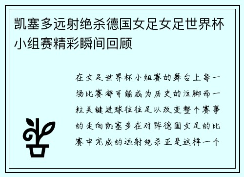 凯塞多远射绝杀德国女足女足世界杯小组赛精彩瞬间回顾