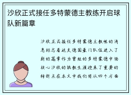 沙欣正式接任多特蒙德主教练开启球队新篇章