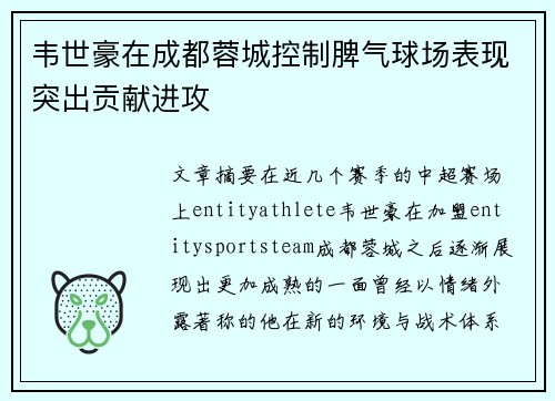 韦世豪在成都蓉城控制脾气球场表现突出贡献进攻